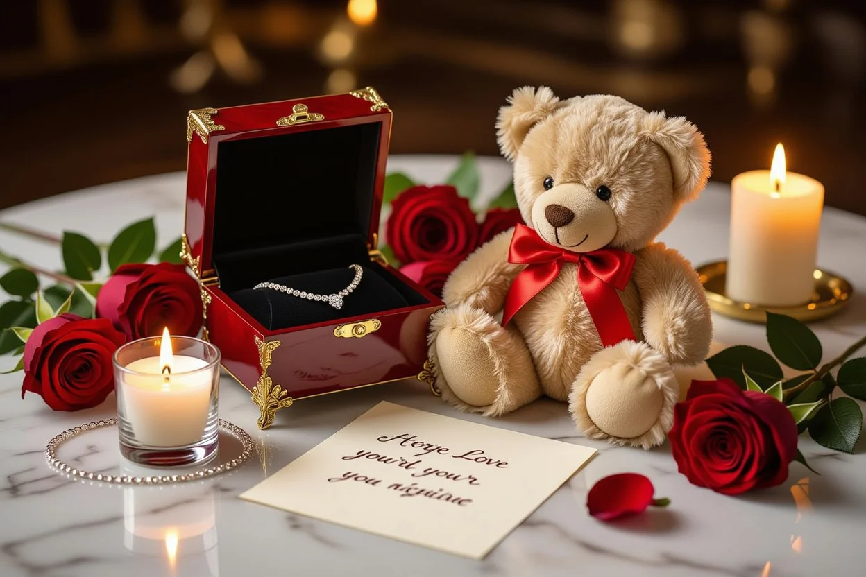 Luxury romantic gift set with teddy bear, hidden necklace, preserved roses and candles