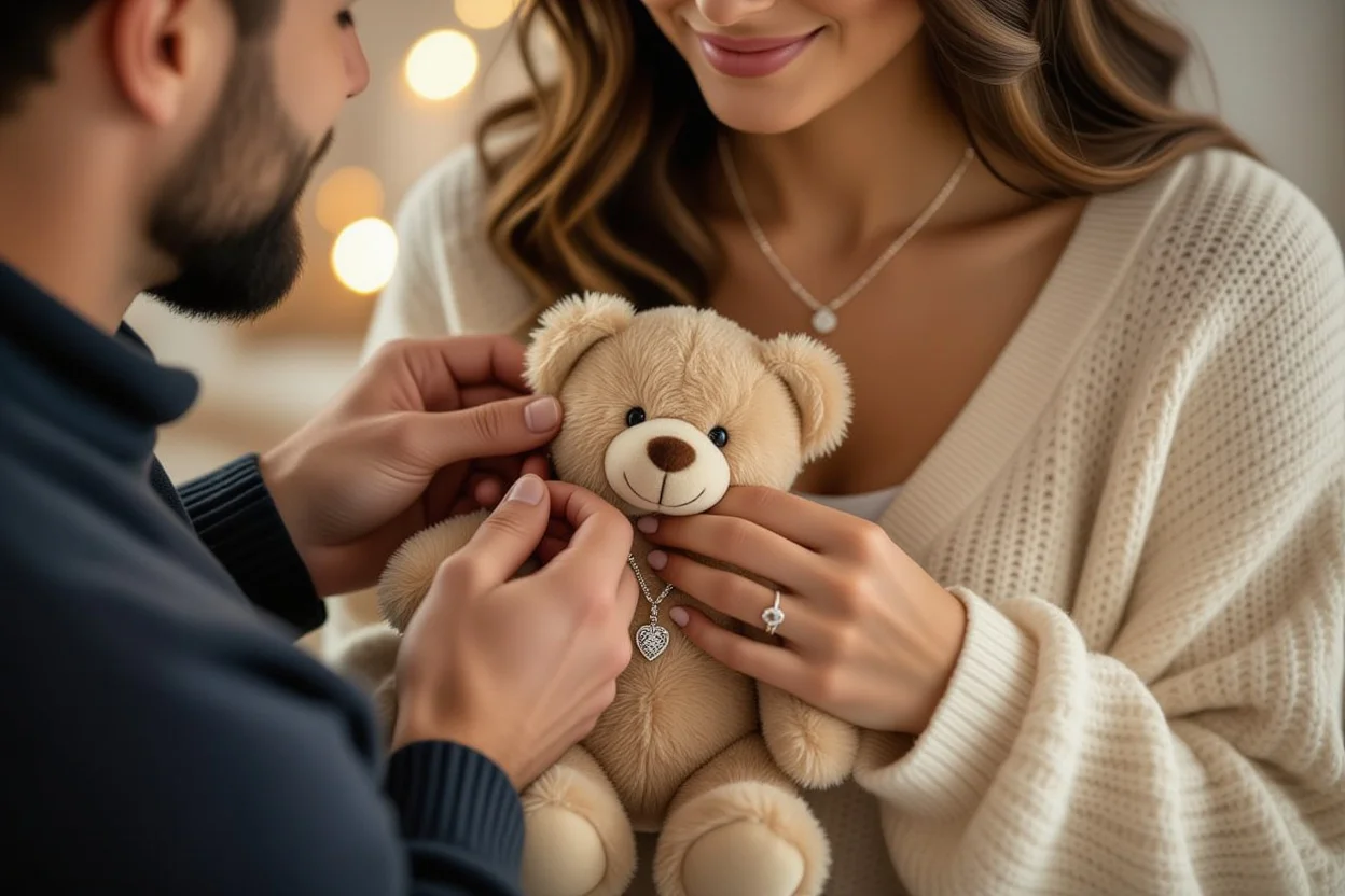 Romantic couple moment with man placing discovered necklace from teddy bear surprise gift