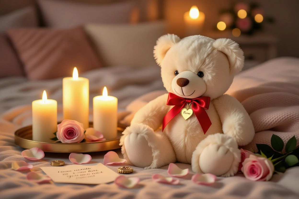 Romantic teddy bear gift with candles and roses for anniversary or Valentine's Day