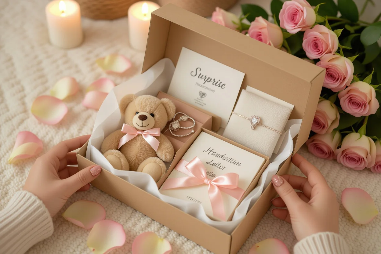 Surprise romantic gift box opening with teddy bear jewelry and flowers for her