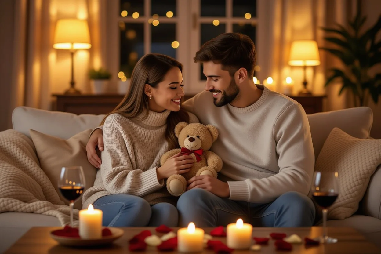 Couple reconciling with romantic teddy bear gift showing relationship healing and love