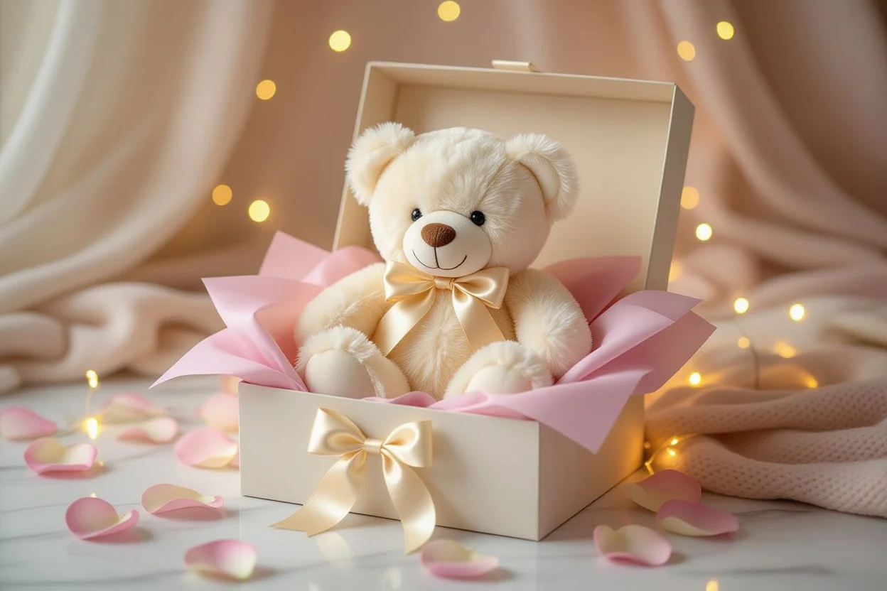 Luxury teddy bear gift in elegant box with rose petals and romantic lighting for surprise gift guide