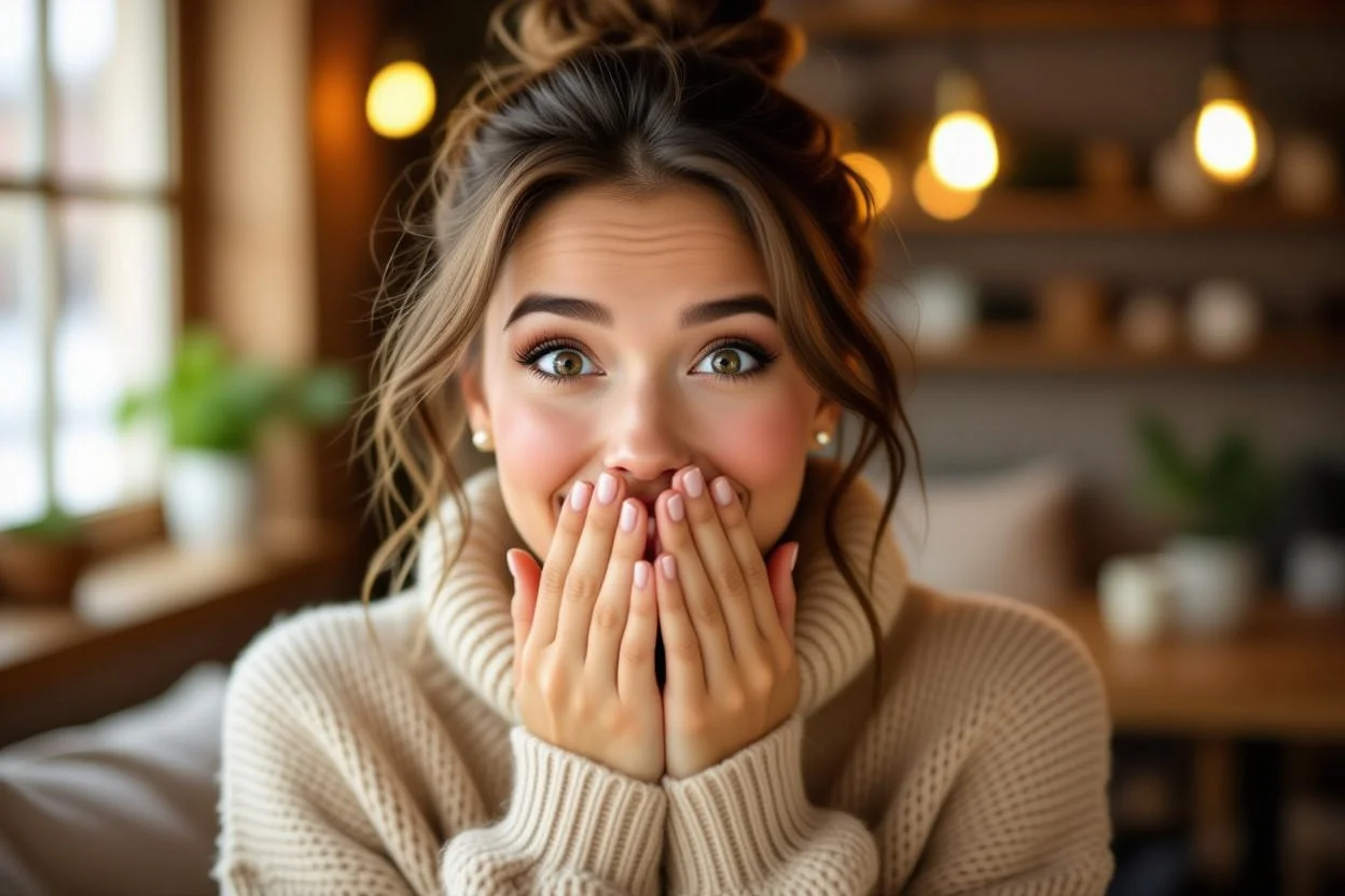 Woman with surprised joyful expression receiving unexpected romantic gift showing genuine happiness