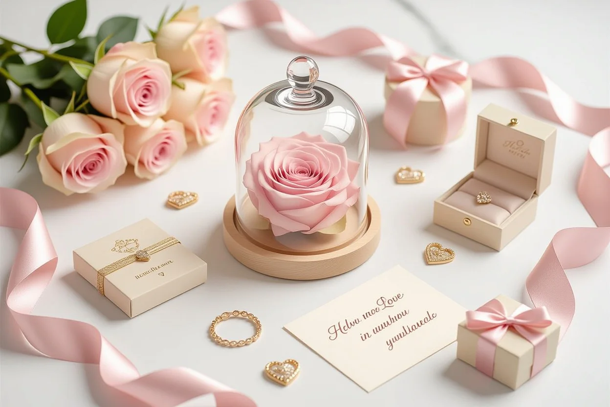Romantic gift arrangement flat lay with preserved roses jewelry and love notes for women