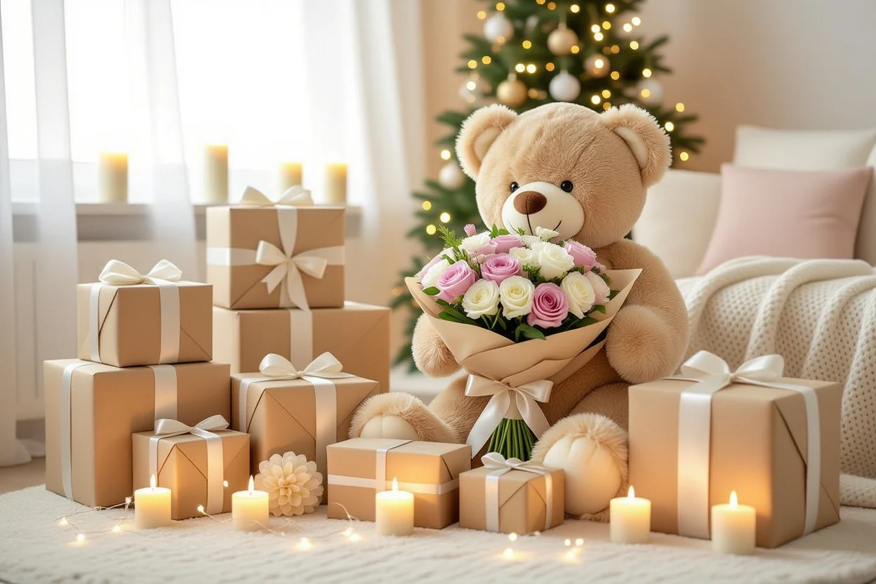 Romantic surprise gift setup in living room with teddy bear bouquet and multiple wrapped presents