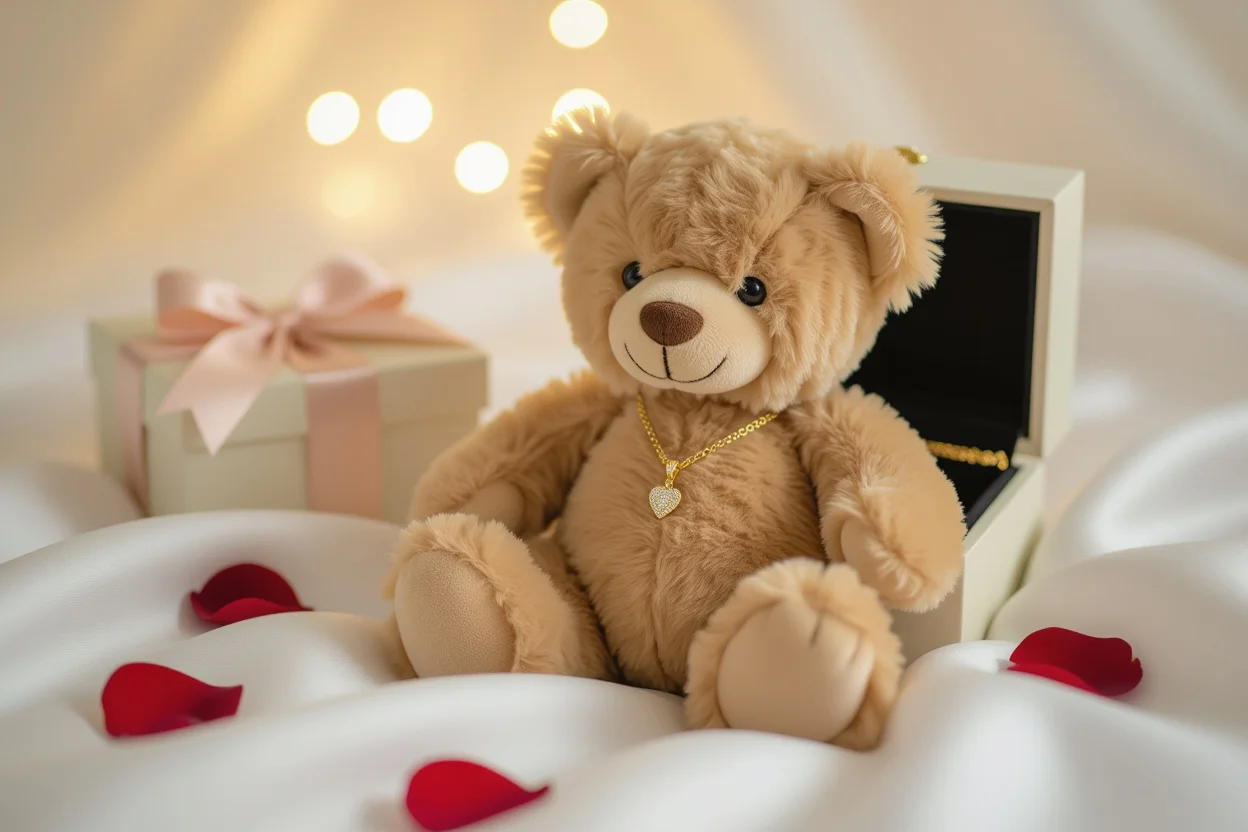 Romantic teddy bear gift with hidden 18k gold necklace surprise for anniversary