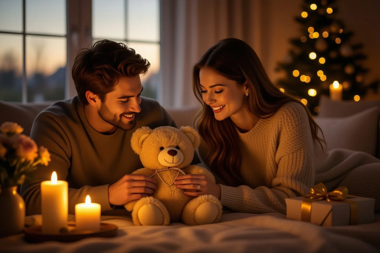 Couple sharing romantic surprise moment discovering hidden jewelry in teddy bear gift