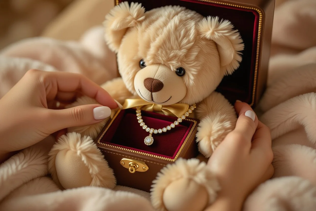 Hidden compartment in romantic teddy bear revealing 18k gold necklace surprise