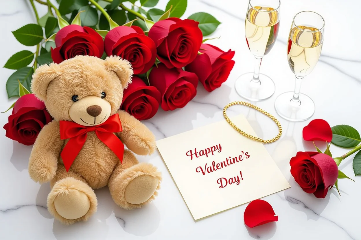 Romantic gift arrangement with teddy bear, gold necklace, roses for Valentine's Day anniversary
