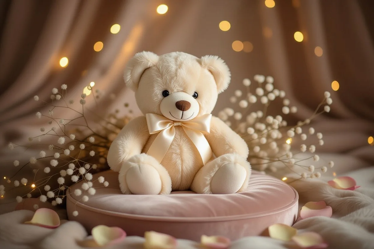 Elegant cream teddy bear with ribbon surrounded by flowers and fairy lights for romantic gift giving