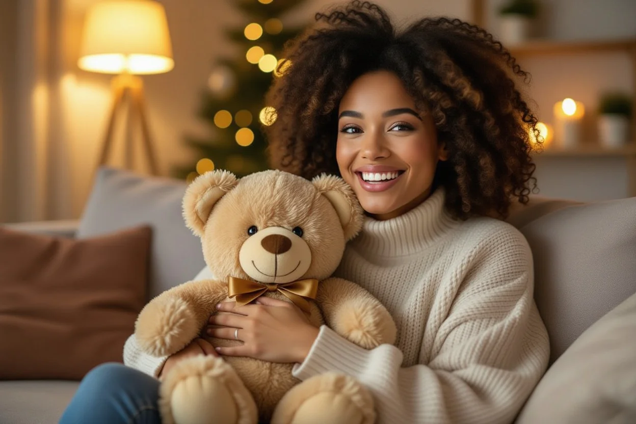 Happy woman surprised with teddy bear gift showing genuine joy and appreciation