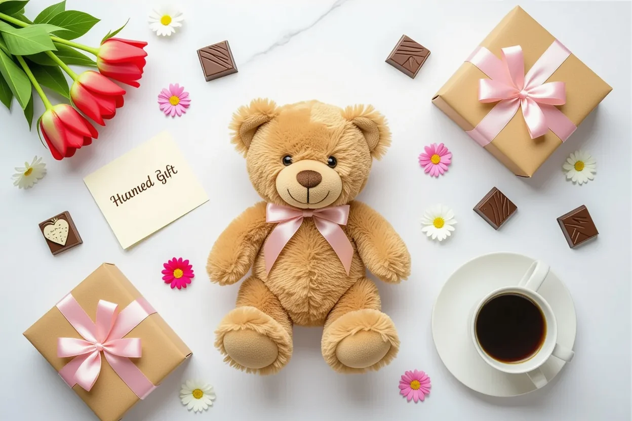 Romantic gift flat lay with teddy bear centerpiece and thoughtful surprise items