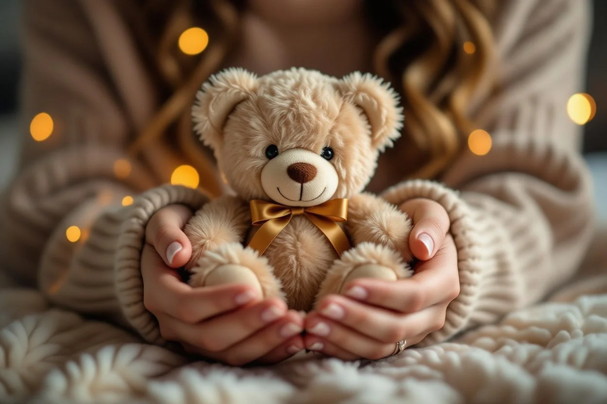 Tender hands holding soft teddy bear gift showing intimate and personal gift-giving moment