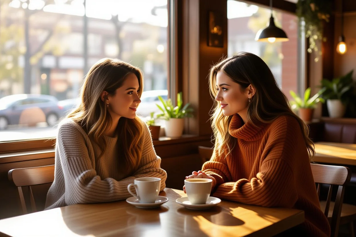 Two friends having an intimate, supportive conversation in a cozy cafe setting