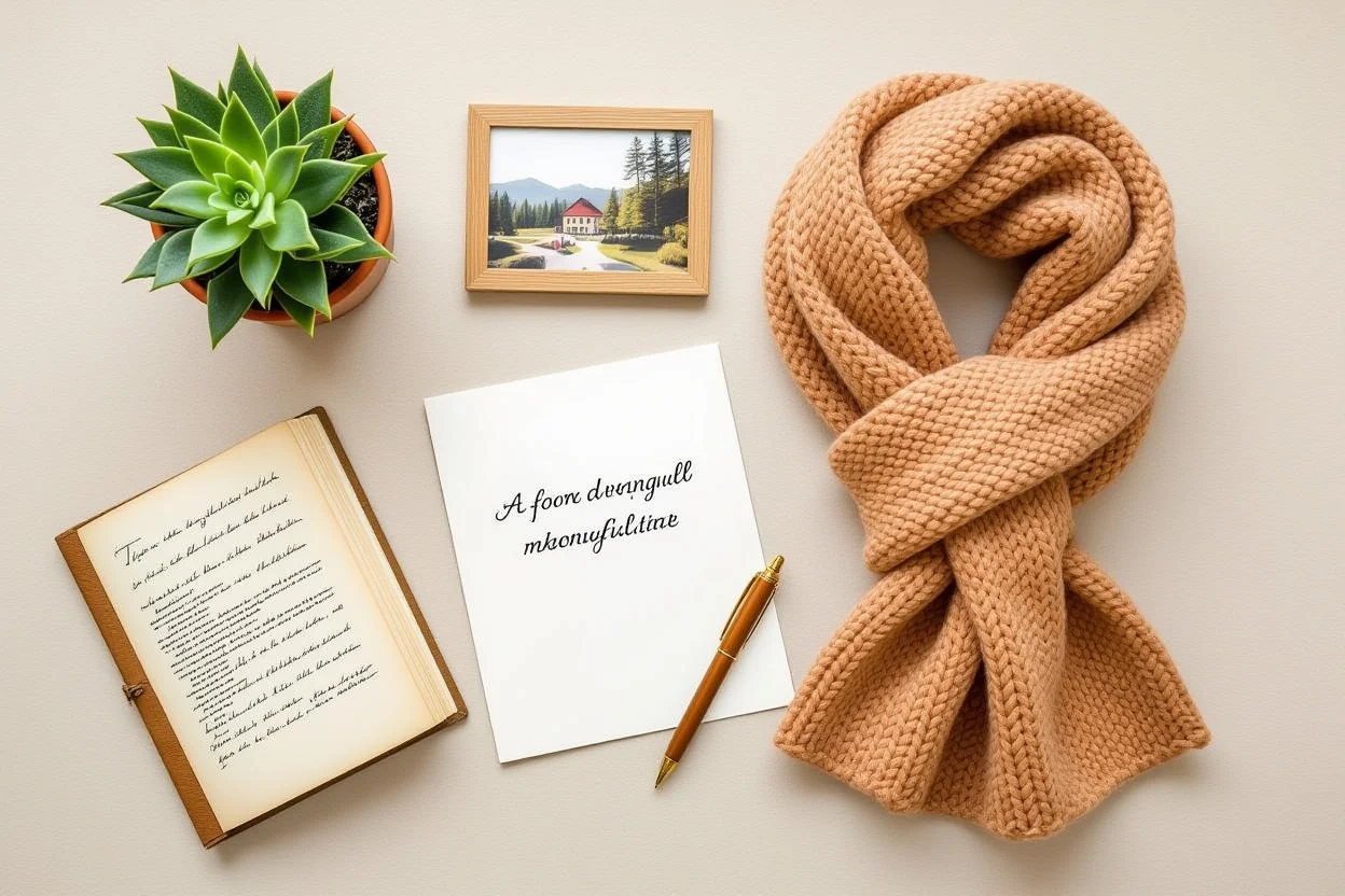 Thoughtful meaningful gifts arranged in flat lay including handwritten note, plant, and personal items