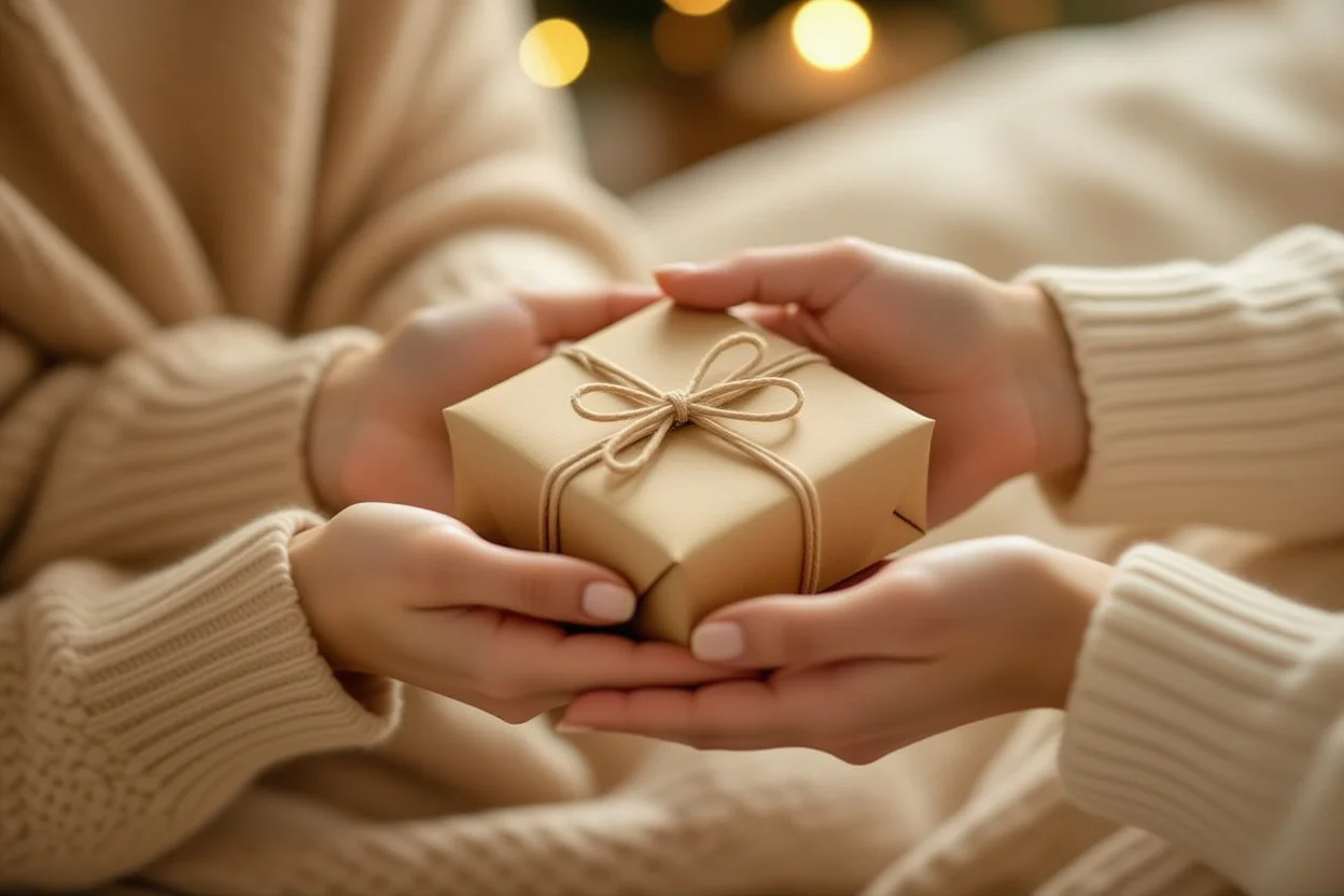 Hands gently offering a thoughtfully wrapped gift in brown paper with twine