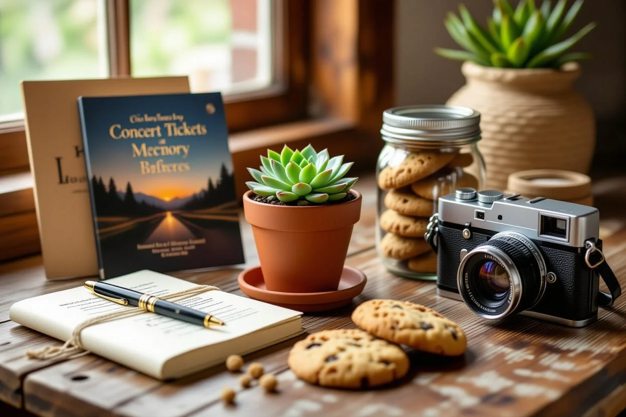 Collection of experience-based meaningful gifts including tickets, journal, plant and homemade treats
