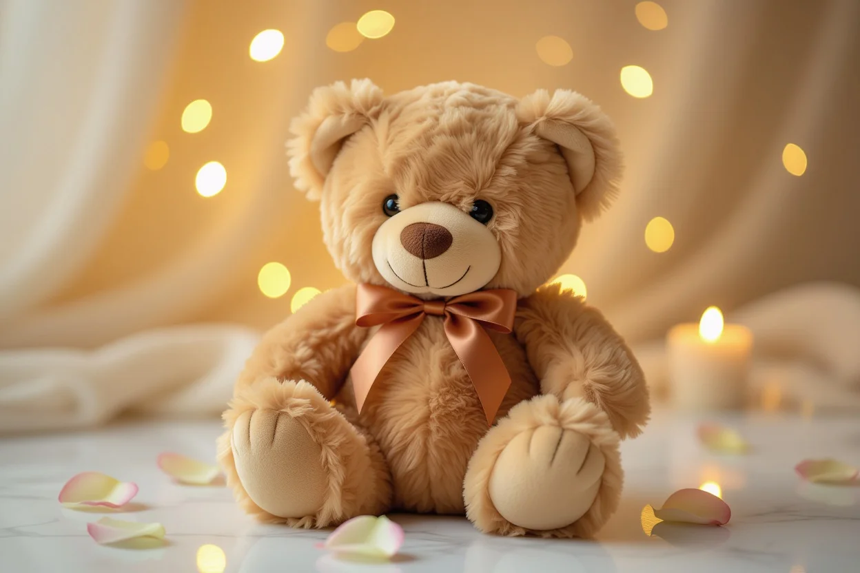 Mountova Pro Teddy Bear luxury romantic gift with rose petals on marble surface