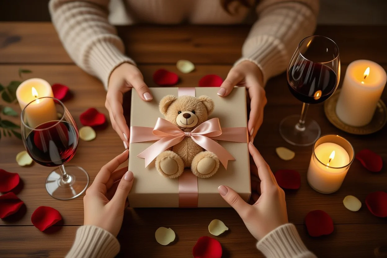 Romantic anniversary gift exchange moment with teddy bear present and candles