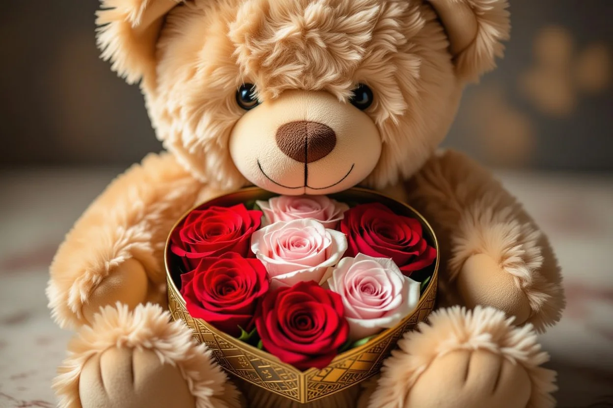 Hidden surprise preserved flowers revealed inside romantic teddy bear gift