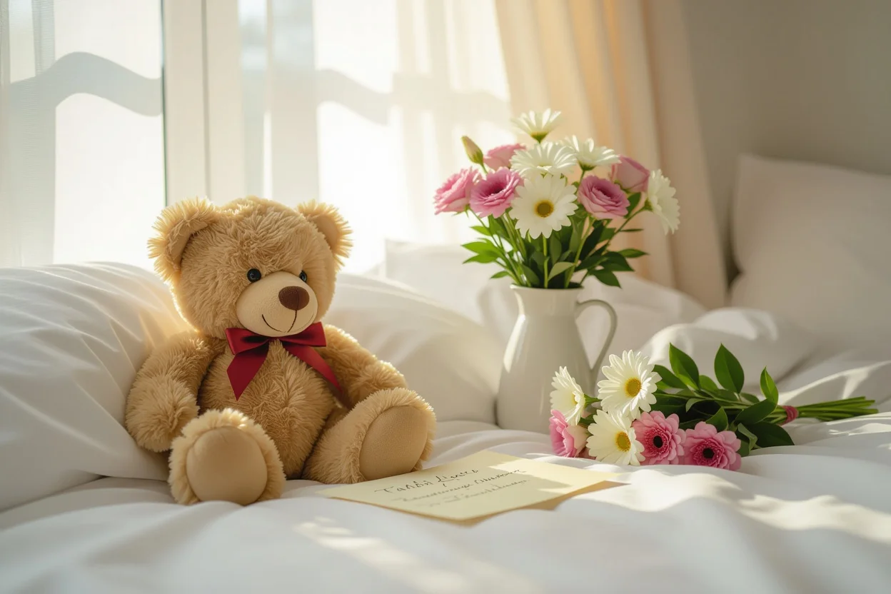 Romantic teddy bear keepsake in cozy bedroom setting with love letter and flowers