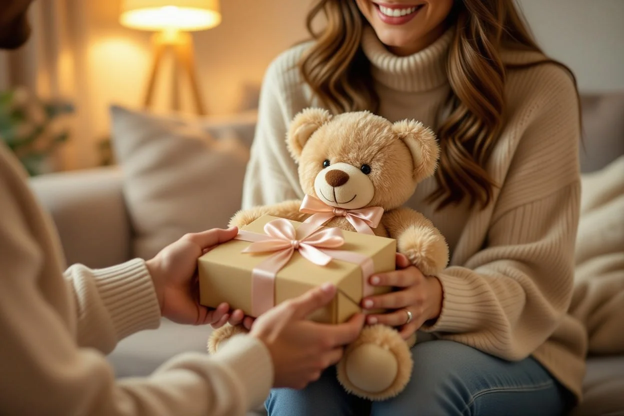 Couple sharing romantic surprise gift moment daily love teddy bear present