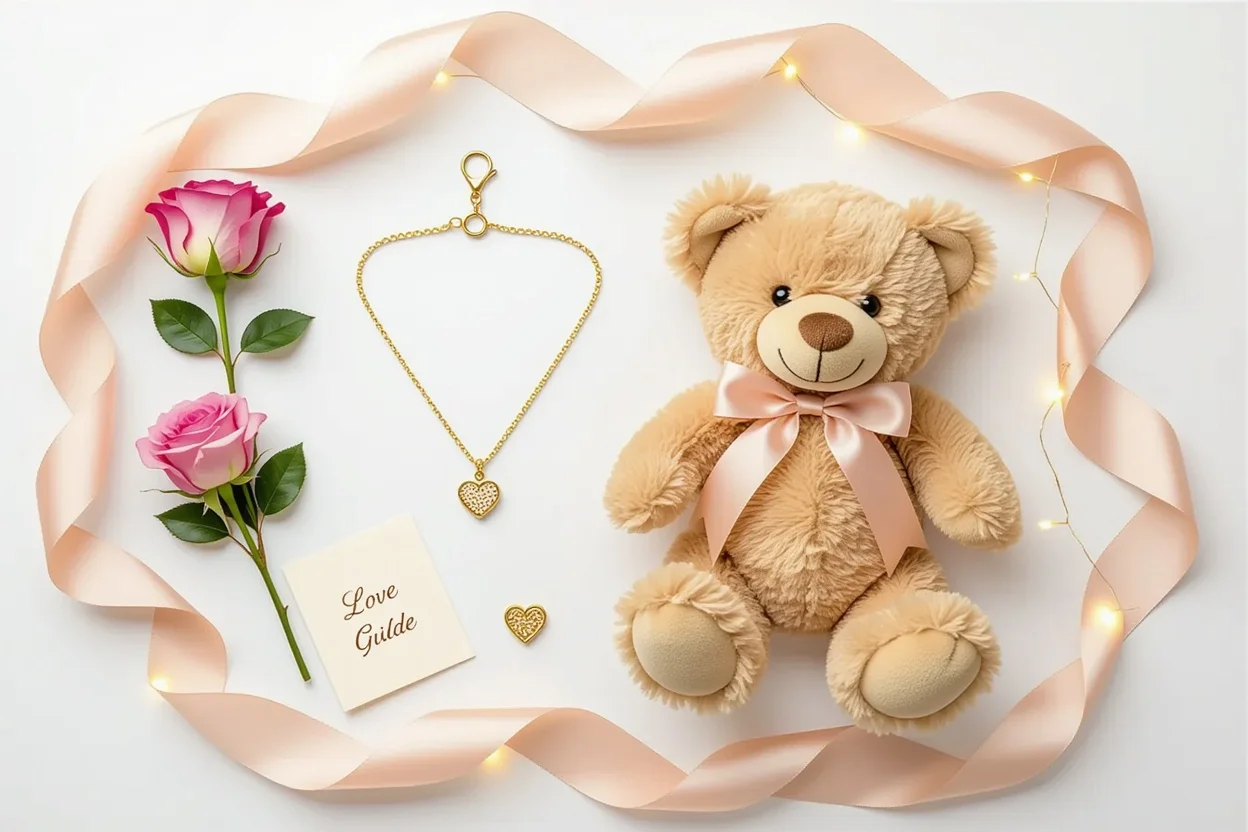 Romantic gift set flat lay teddy bear preserved rose necklace Valentine's Day gifts for her