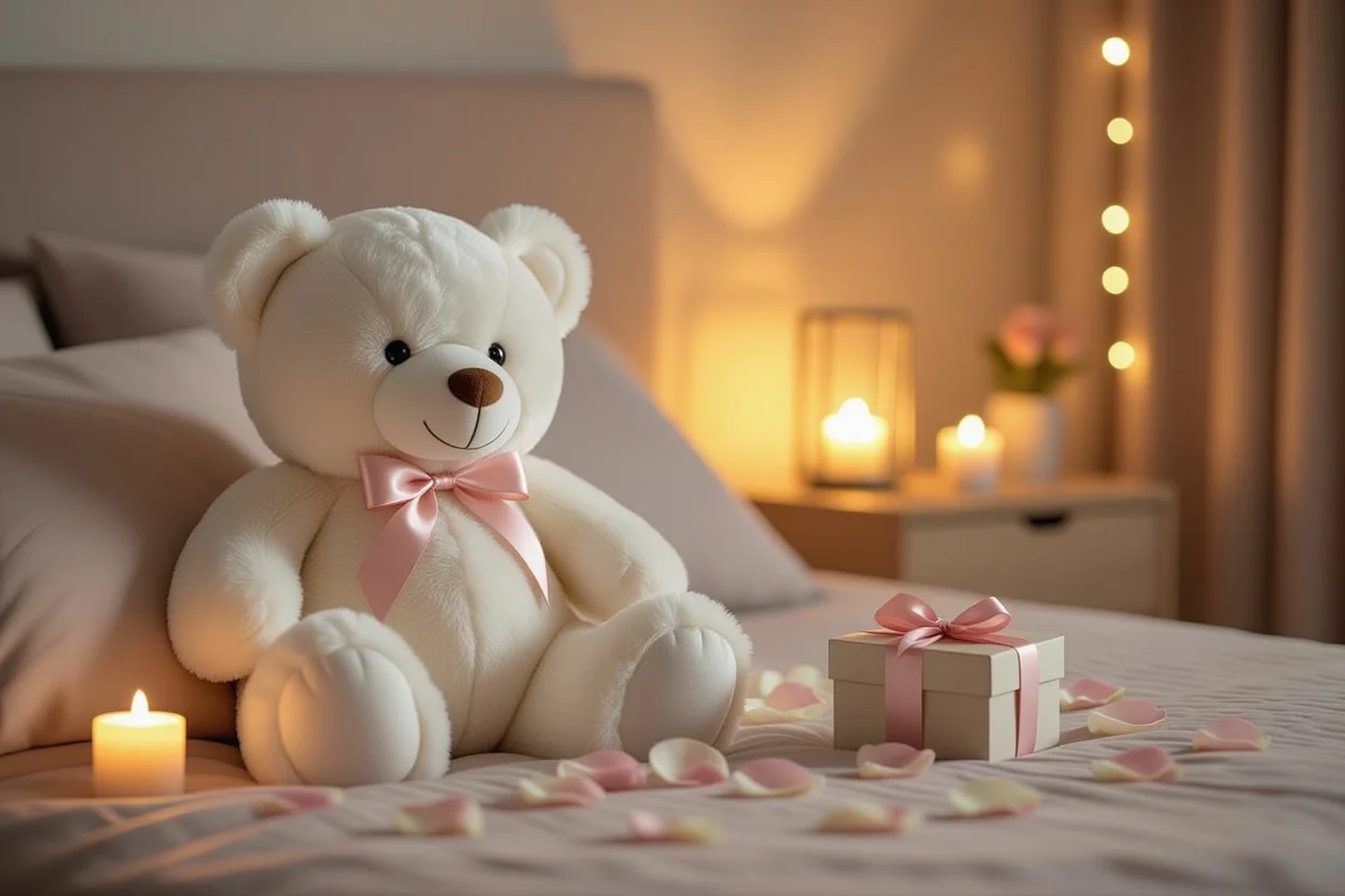 Mountova Pro Bear romantic gift on bedside table with rose petals and ambient lighting