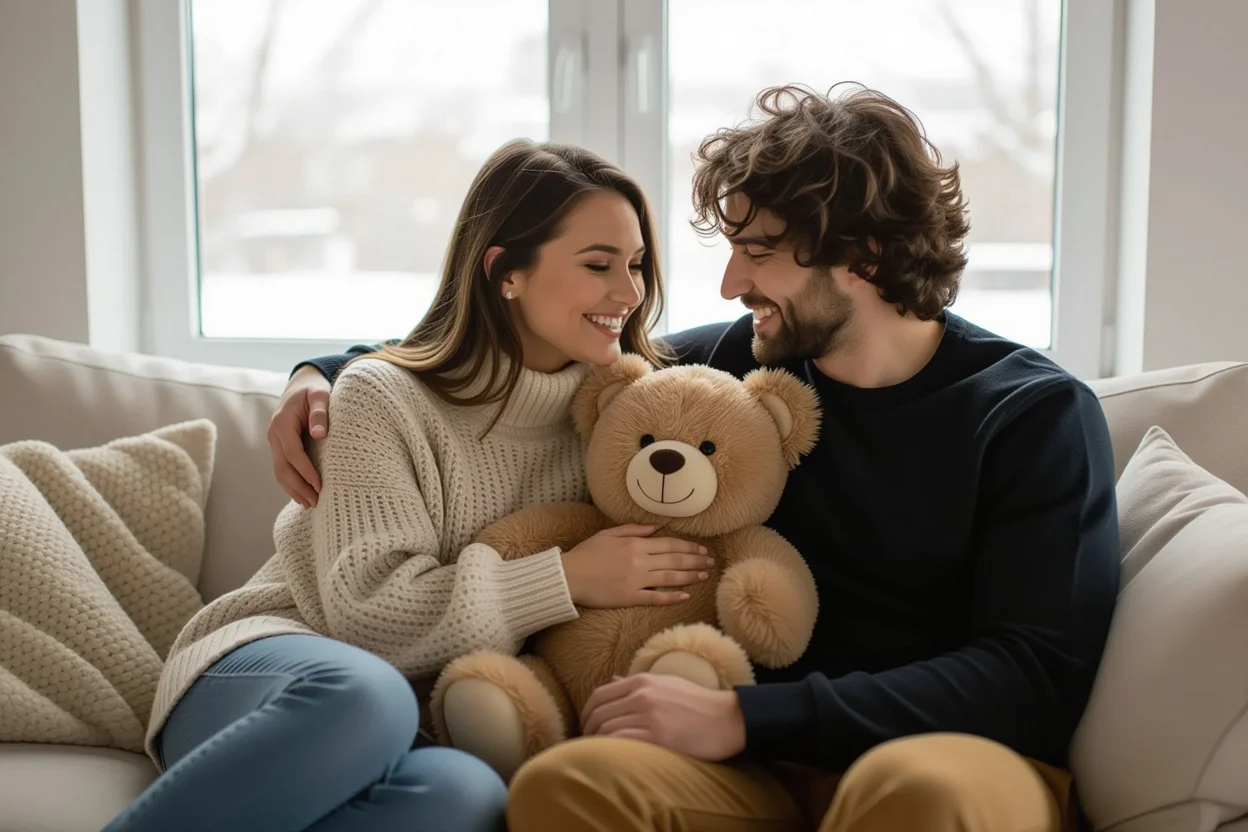 Couple sharing intimate moment with Mountova Pro Bear gift showing genuine appreciation
