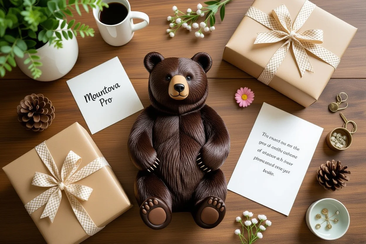 Flat lay arrangement of Mountova Pro Bear with thoughtful gift accessories and handwritten note