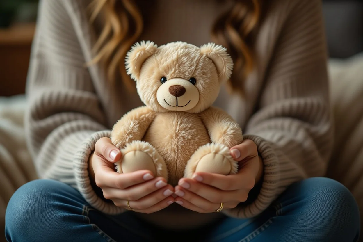Close-up of hands holding Mountova Pro Bear showing comfort and emotional connection