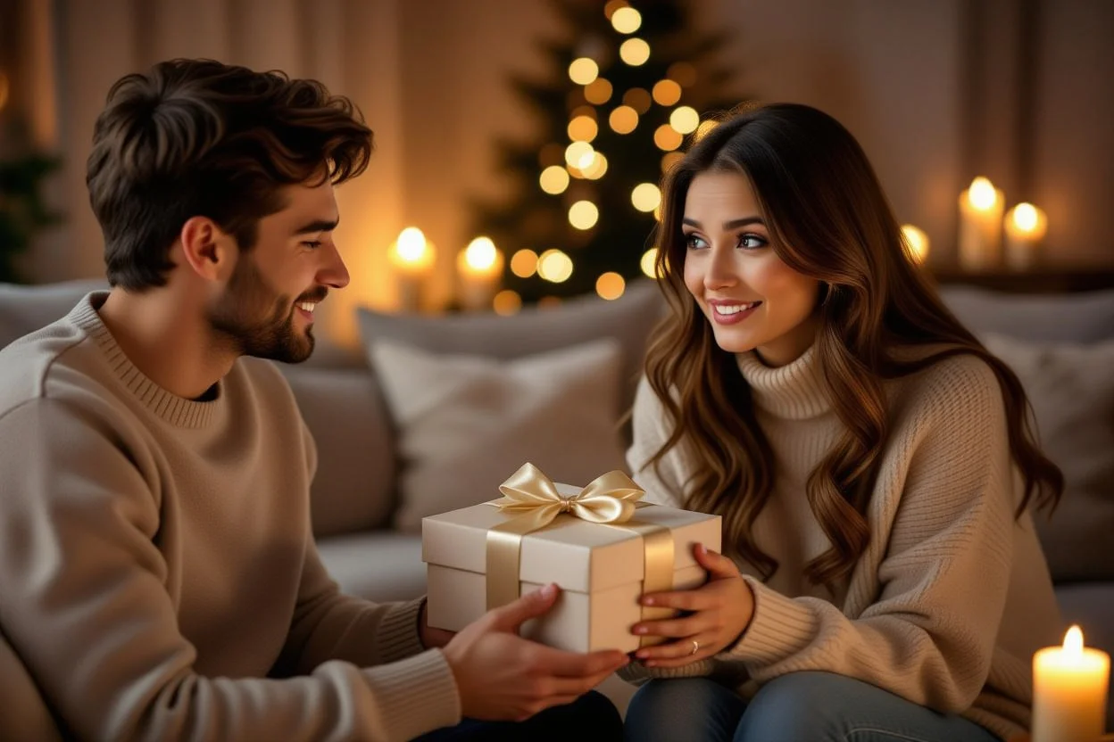 Couple sharing romantic gift moment - relationship healing through thoughtful presents