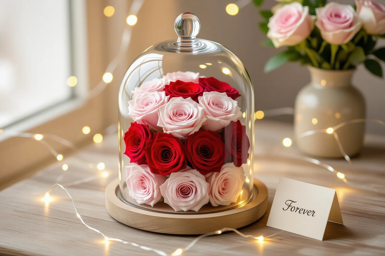 Preserved roses in glass dome - eternal romantic gift for Valentine's Day