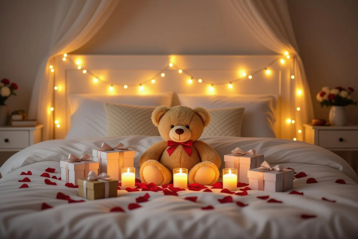 Romantic bedroom surprise with gifts and teddy bear - perfect relationship healing setup