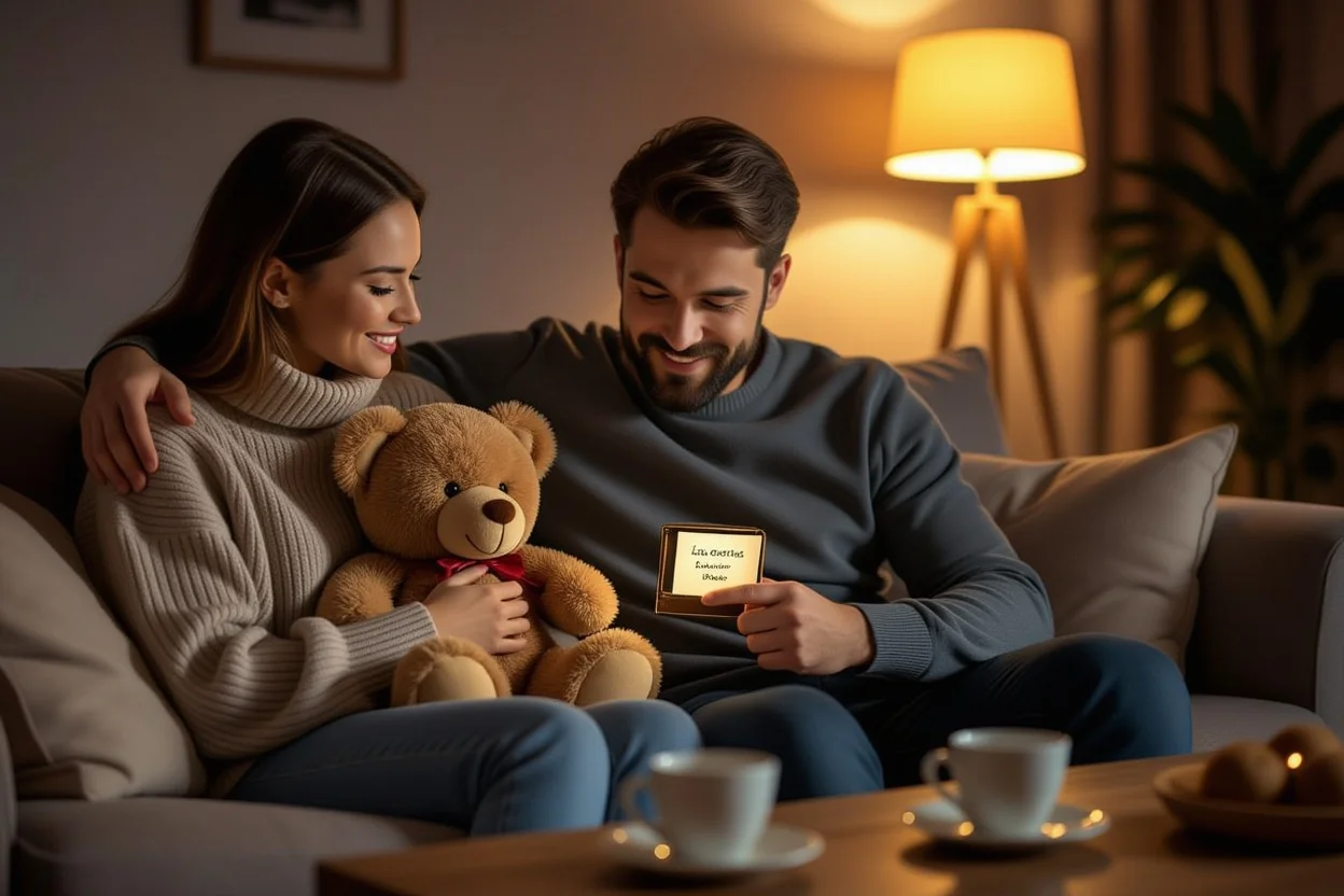 Couple discovering hidden love note surprise in romantic teddy bear gift