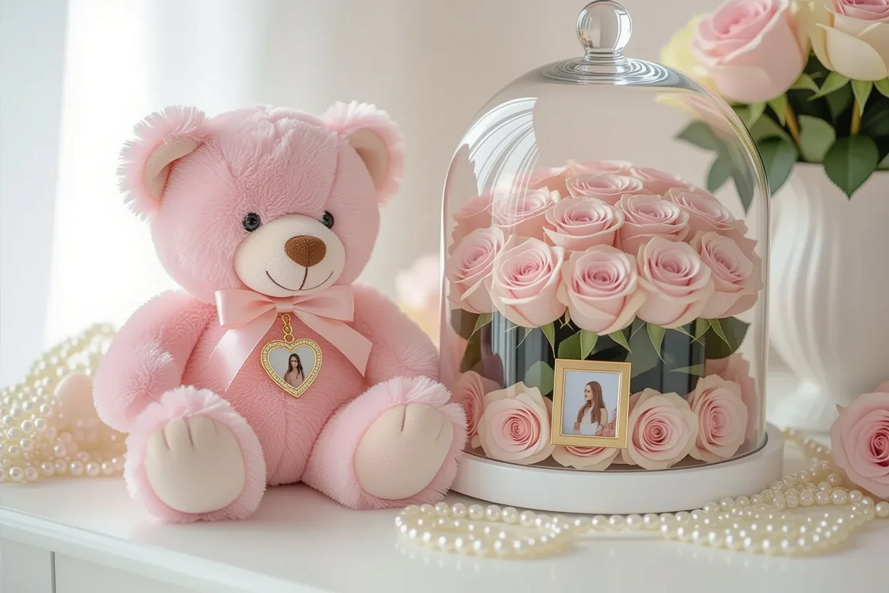 Elegant pink teddy bear with locket surprise and preserved roses romantic gift set