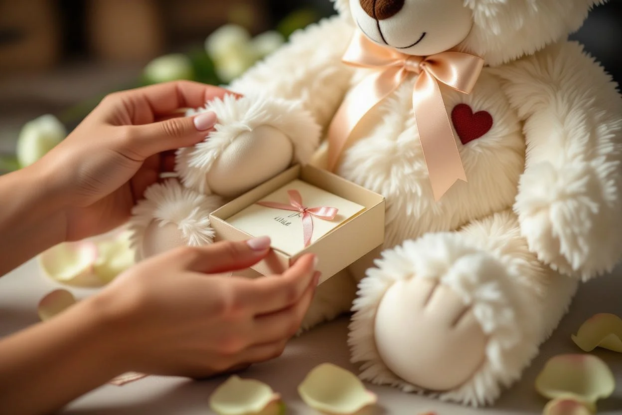 Hidden love letter surprise being revealed in romantic teddy bear paw compartment