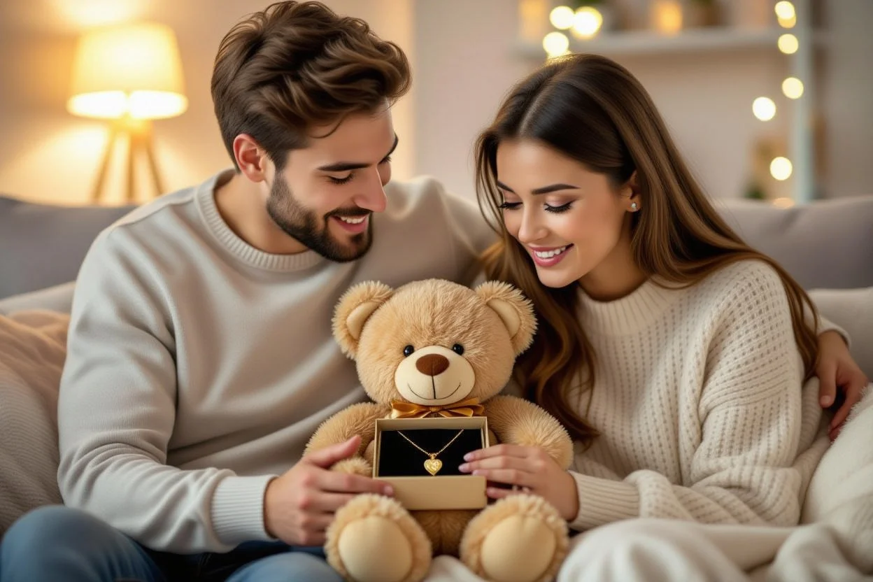 Couple sharing romantic apology gift moment with surprise teddy bear necklace