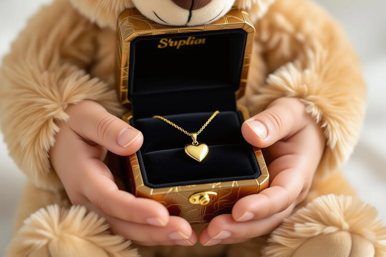 Close-up of hidden gold necklace compartment inside romantic teddy bear gift
