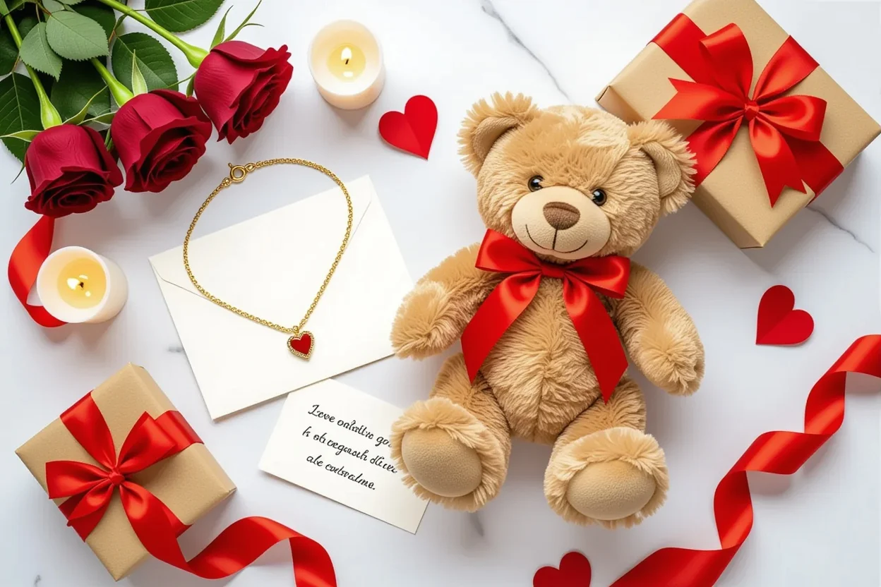 Romantic gift flat lay with teddy bear, gold necklace, roses and love notes for Valentine's Day