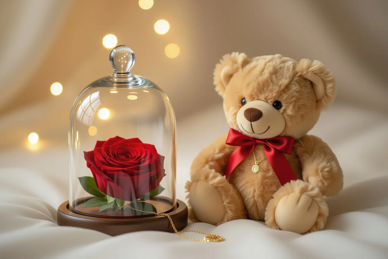 Romantic teddy bear gift with preserved rose and hidden necklace surprise for girlfriend