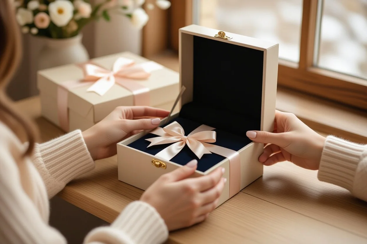 Woman opening romantic surprise gift box with emotional moment of discovery