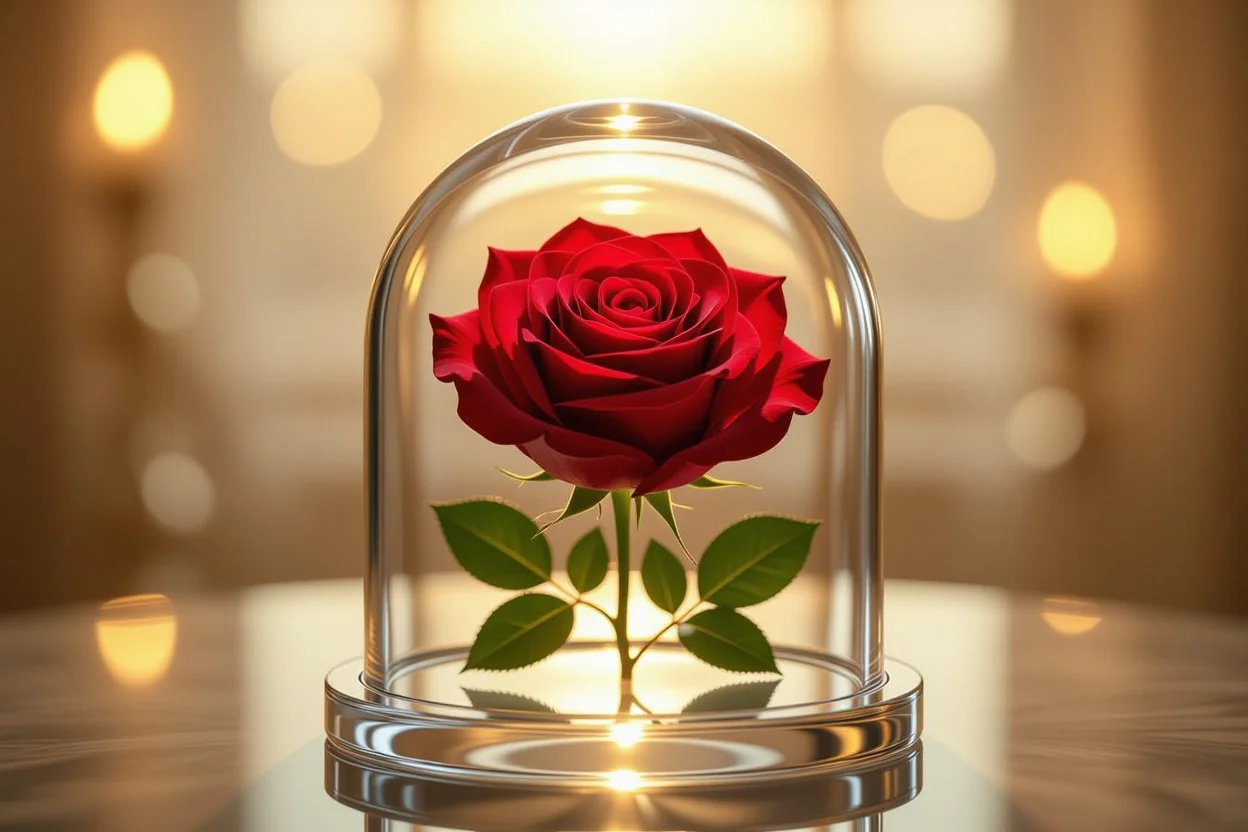 Close-up of preserved red rose in glass dome representing eternal love gift