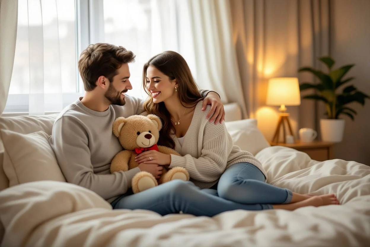 Happy couple enjoying romantic gift moment with teddy bear and necklace in bedroom