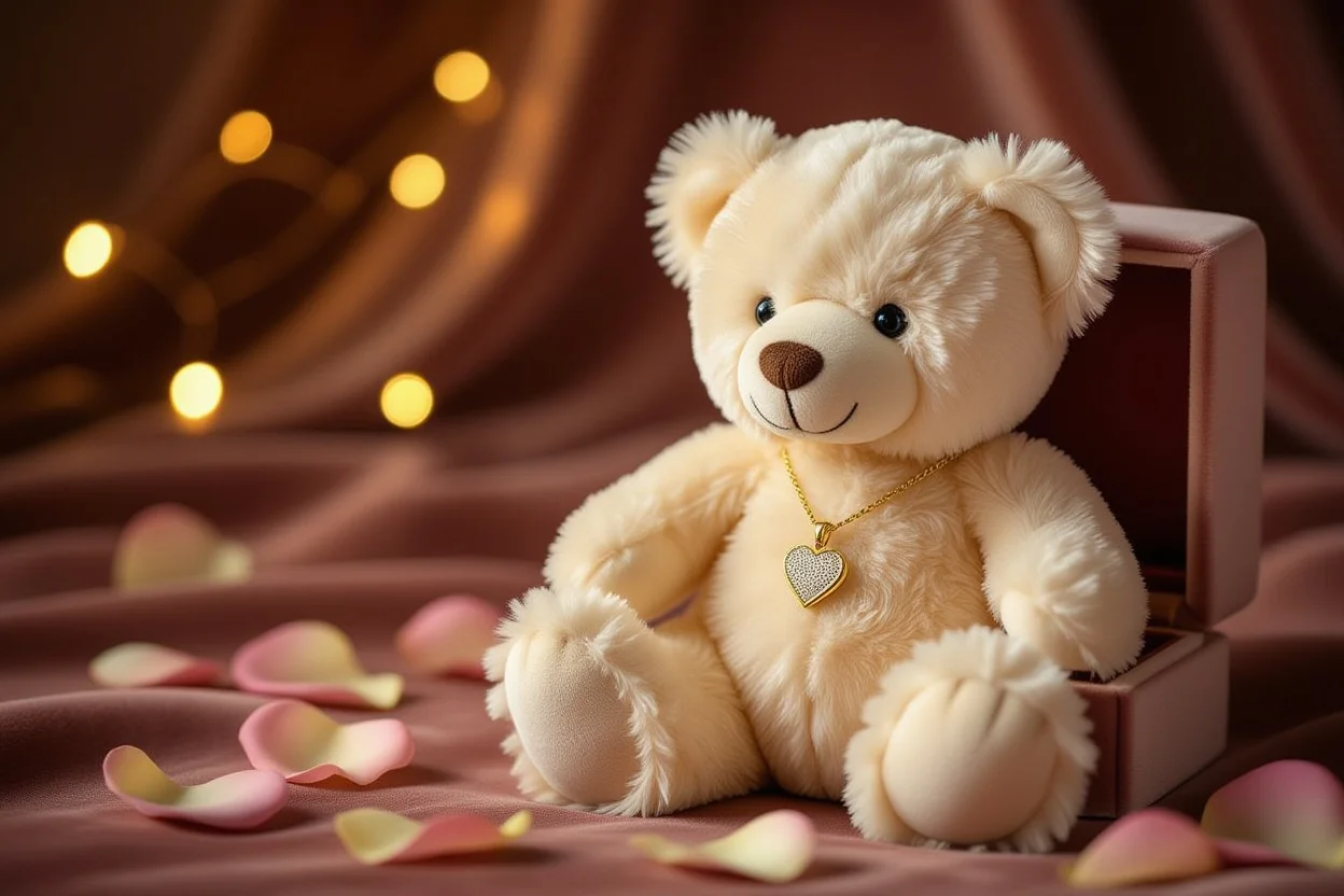 Romantic teddy bear gift with hidden necklace surprise being revealed