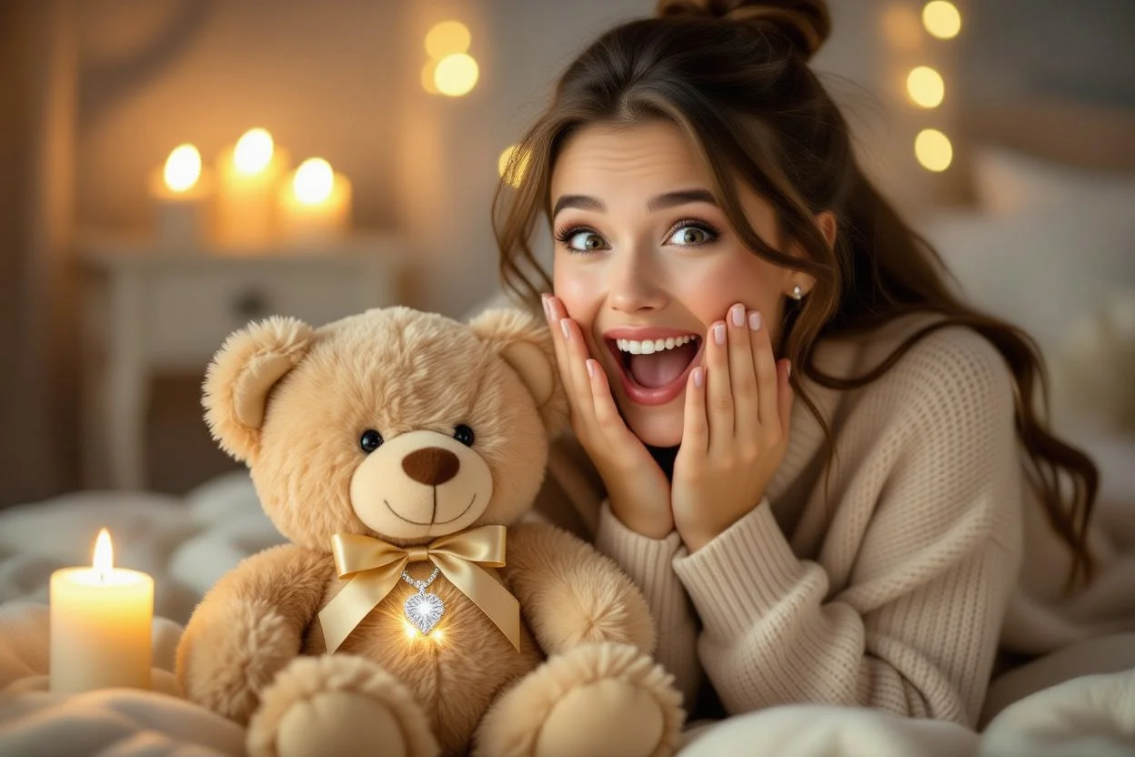 Woman's surprised and delighted reaction to romantic teddy bear necklace gift