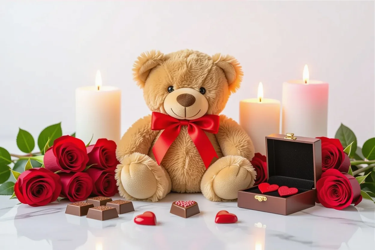 Valentine's Day romantic gift arrangement with teddy bear and romantic accessories