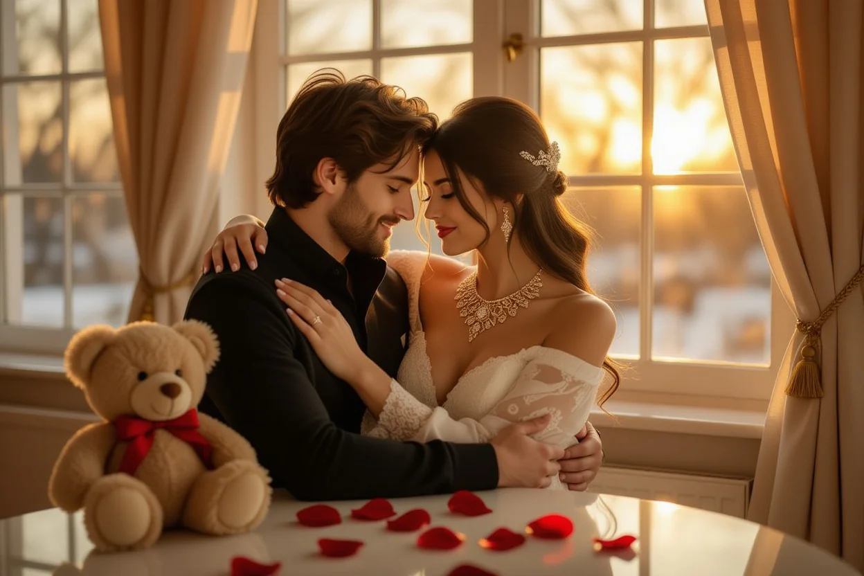 Romantic couple embracing after surprise necklace gift from teddy bear