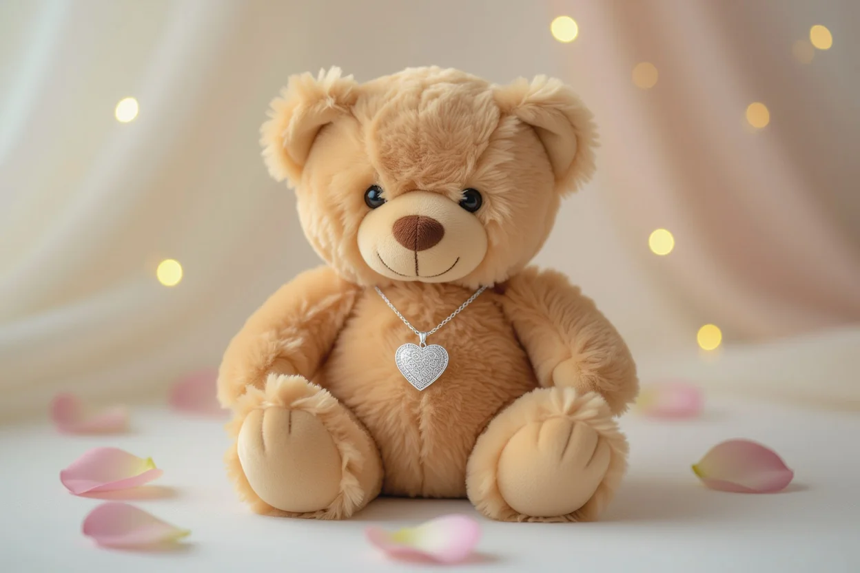Hidden necklace teddy bear romantic surprise gift with silver heart pendant