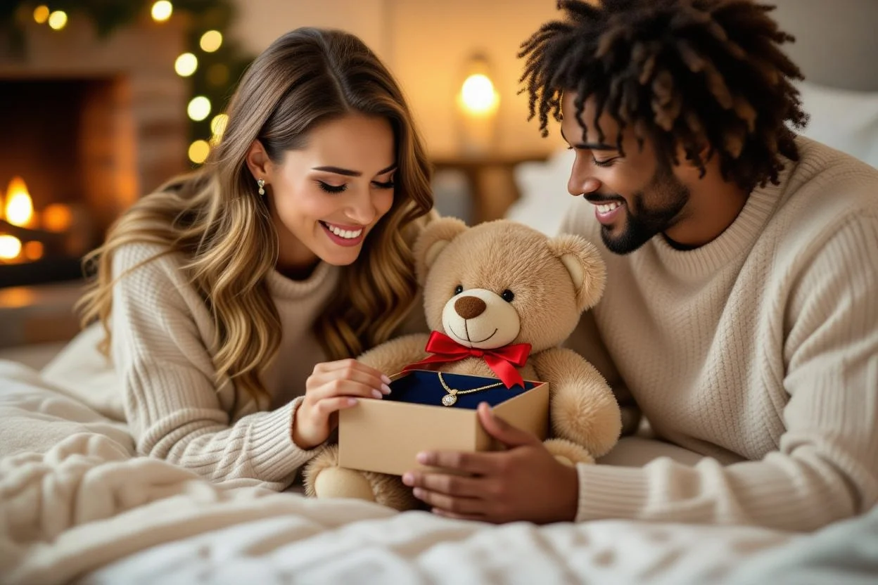 Couple sharing emotional moment opening romantic teddy bear surprise gift on anniversary